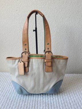 Coach Leather-Trim Canvas Tote Bag in Cream and Light Blue